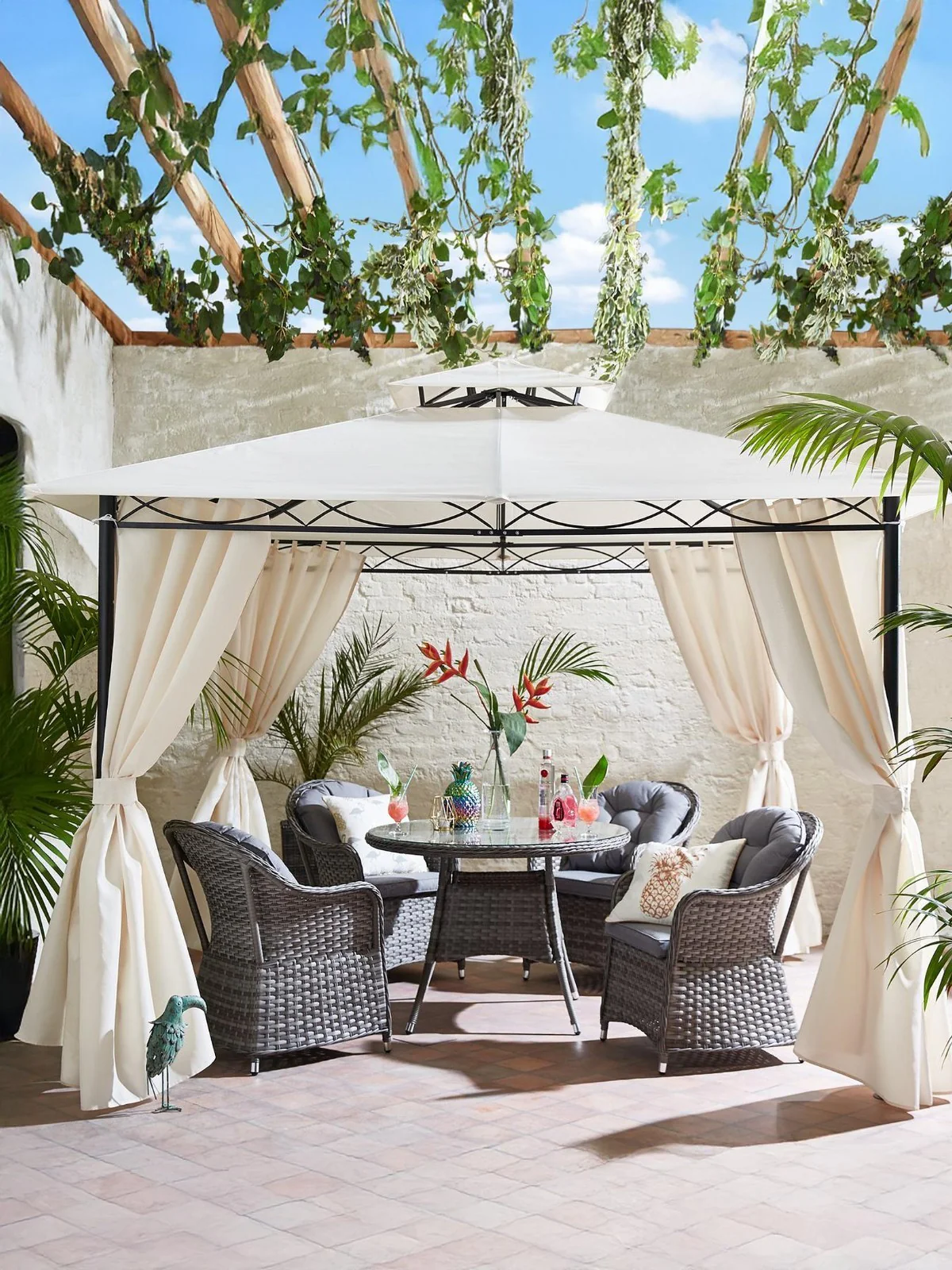 3x3M Metal Gazebo with 4 Side Panels Cream | Garden Canopy | Waterproof