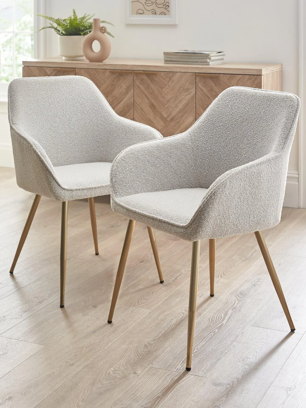 Alisha Pair of Boucle Dining Chairs | Cream & Brass | Mid-Century Modern