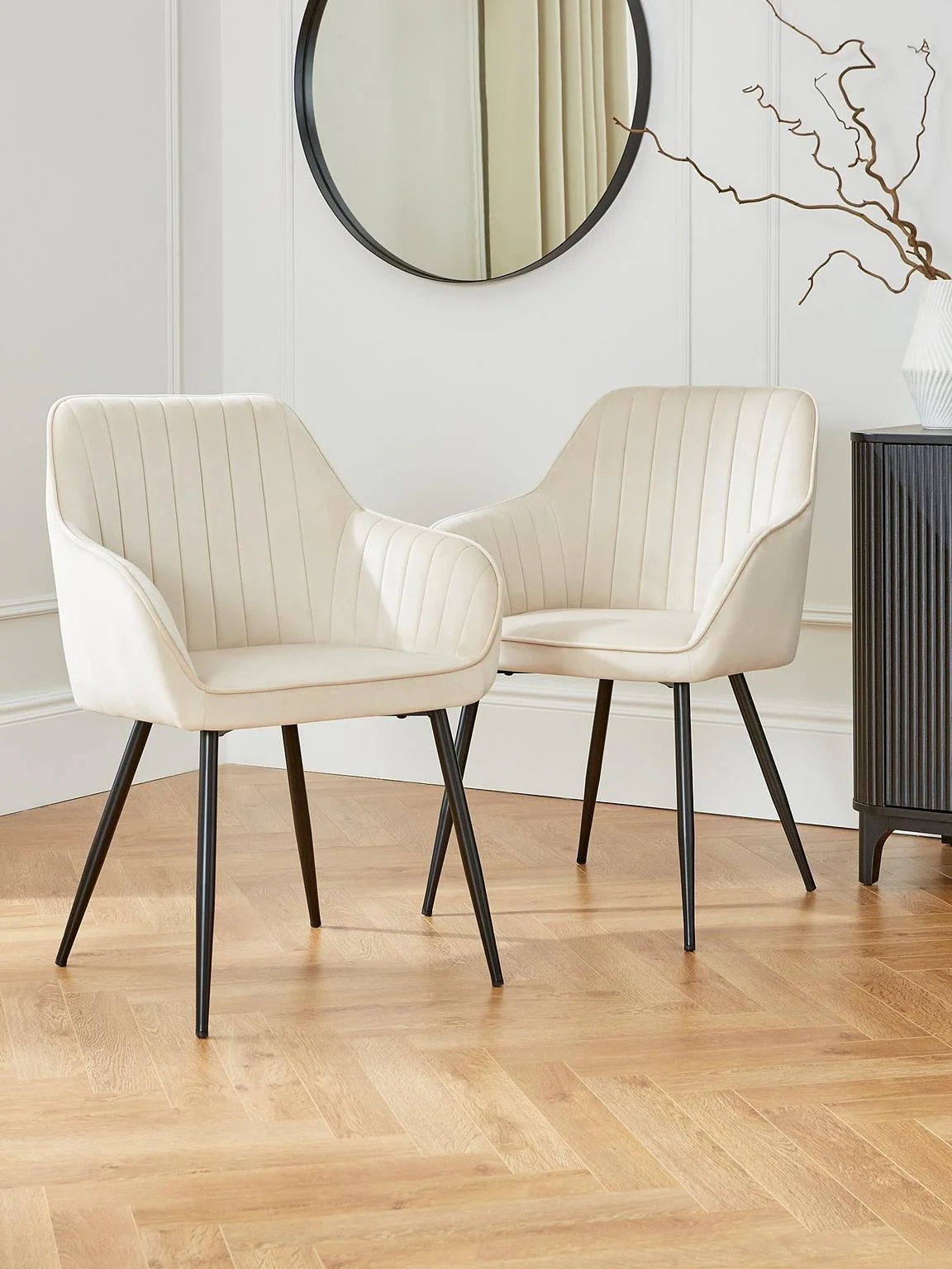 Alisha Pair of Fabric Dining Chairs Natural | Mid-Century Modern | Black Legs
