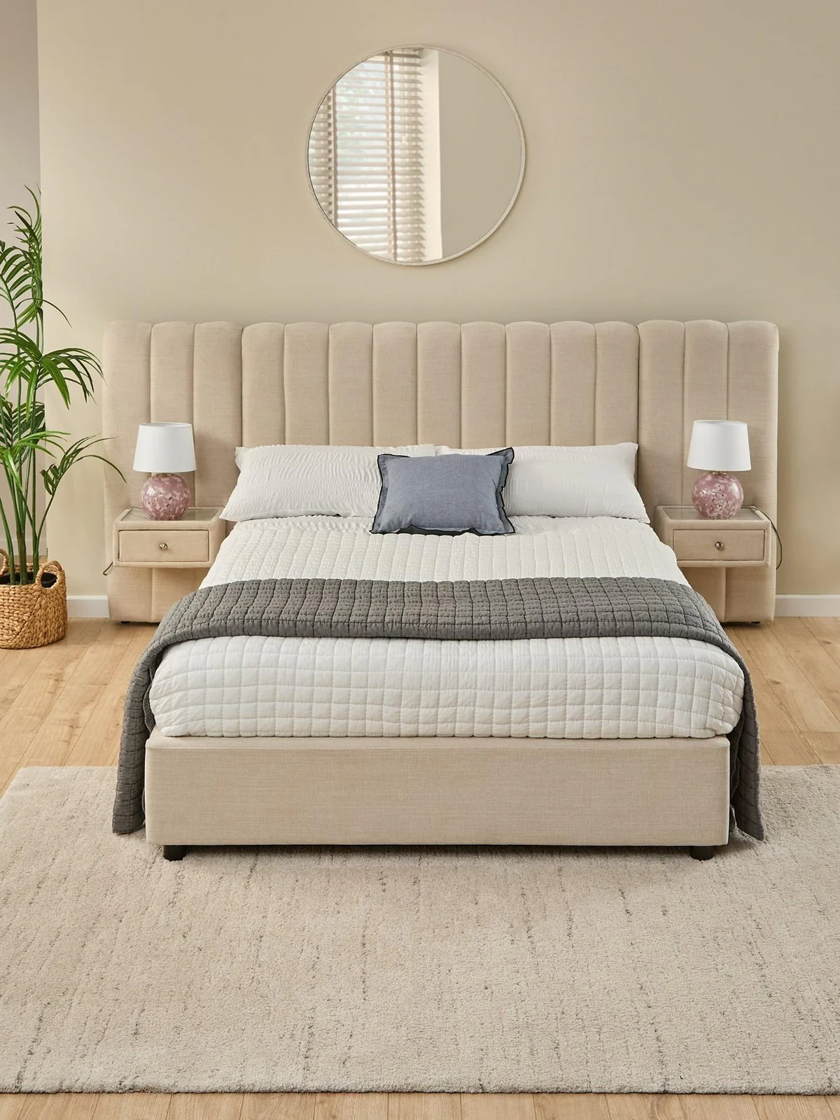 Amaya Double Bed Ivory | Built-in Side Tables & Drawers | No Mattress