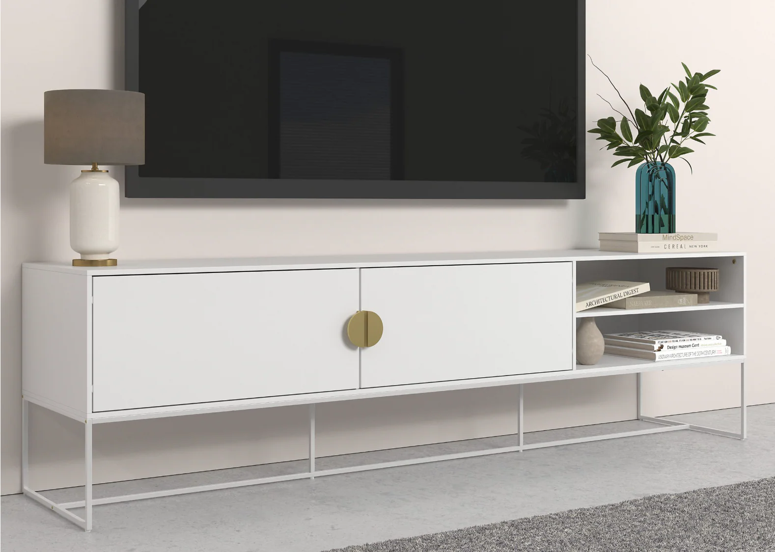 Asia Cabinet Lowboard White | 180cm TV Stand | 2 Doors | Modern Media Unit
