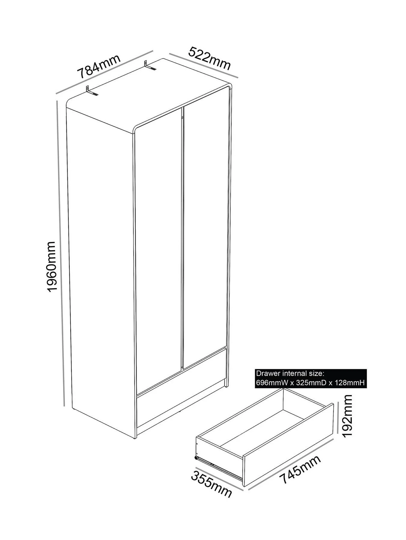 Bailey Kids 2 Door 1 Drawer Wardrobe White Childrens Bedroom Storage - Image 7