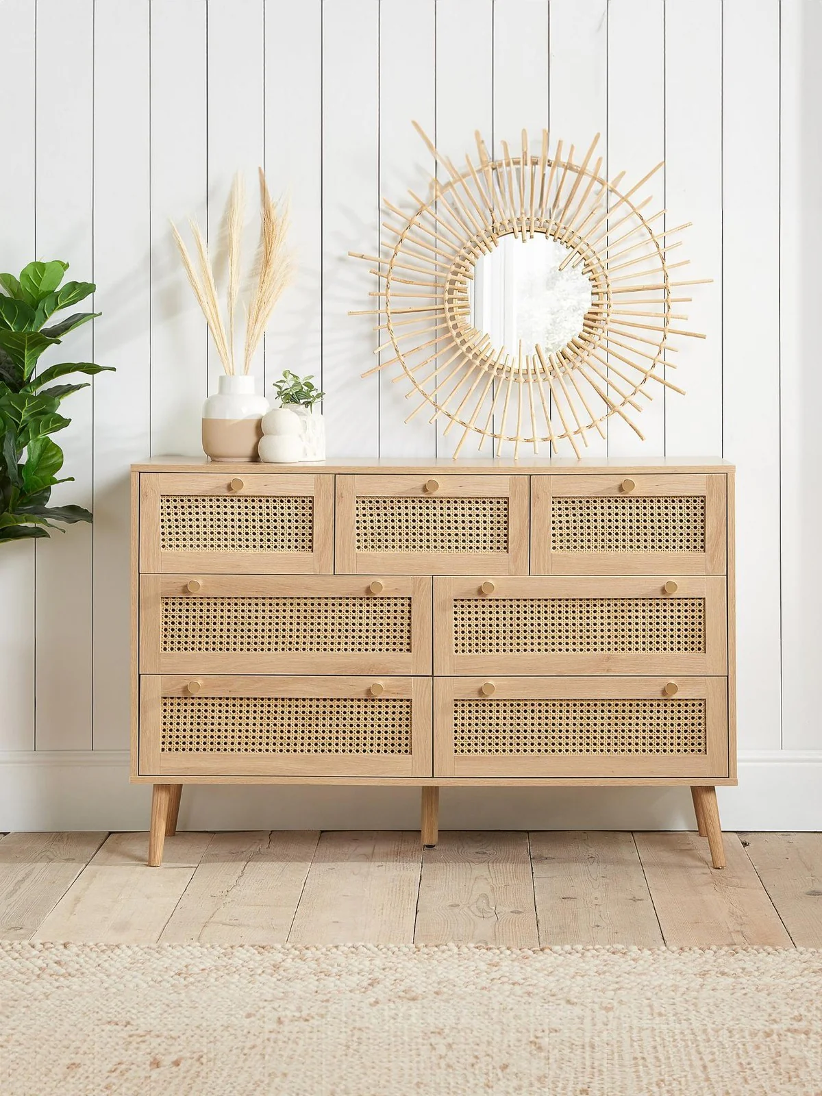 Birlea Croxley 7 Drawer Rattan Chest | Natural Woven Front | Gold Handles