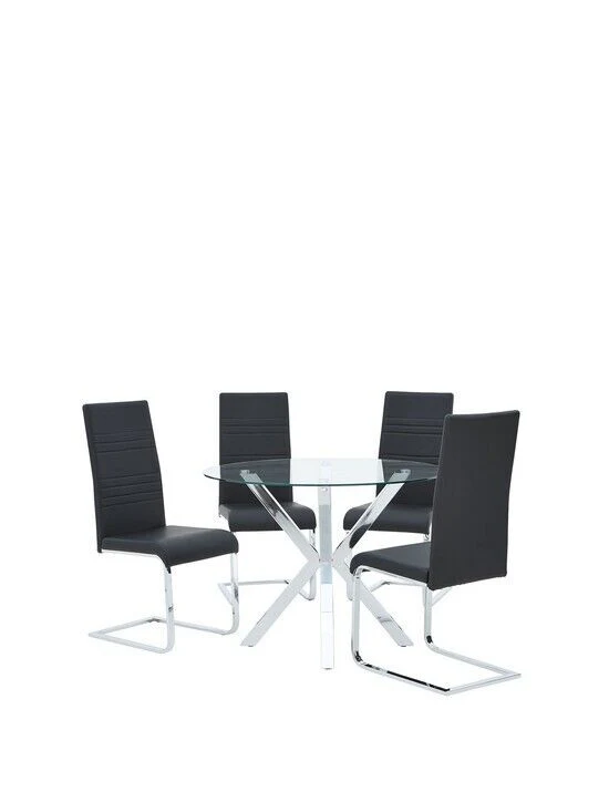 Chopstick 100cm Round Glass Dining Table 4 Chairs Black Elegant Dining Furniture