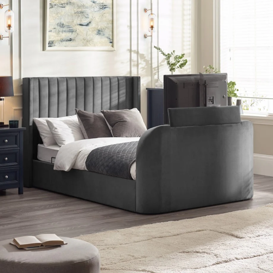 Clara Ottoman TV Bed Dark Grey King Size with Lift Mechanism Bedroom Furniture
