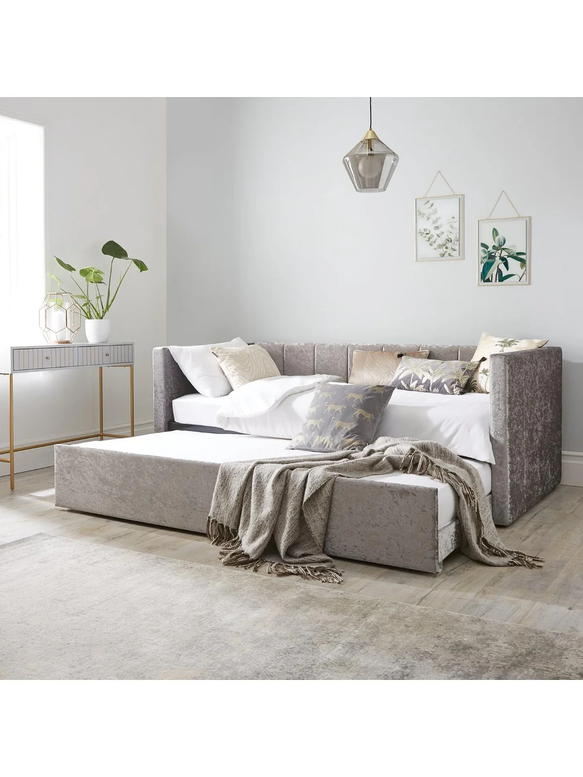 Connie Crushed Velvet Day Bed - Silver | With Trundle | Glamorous Sofa Guest Bed