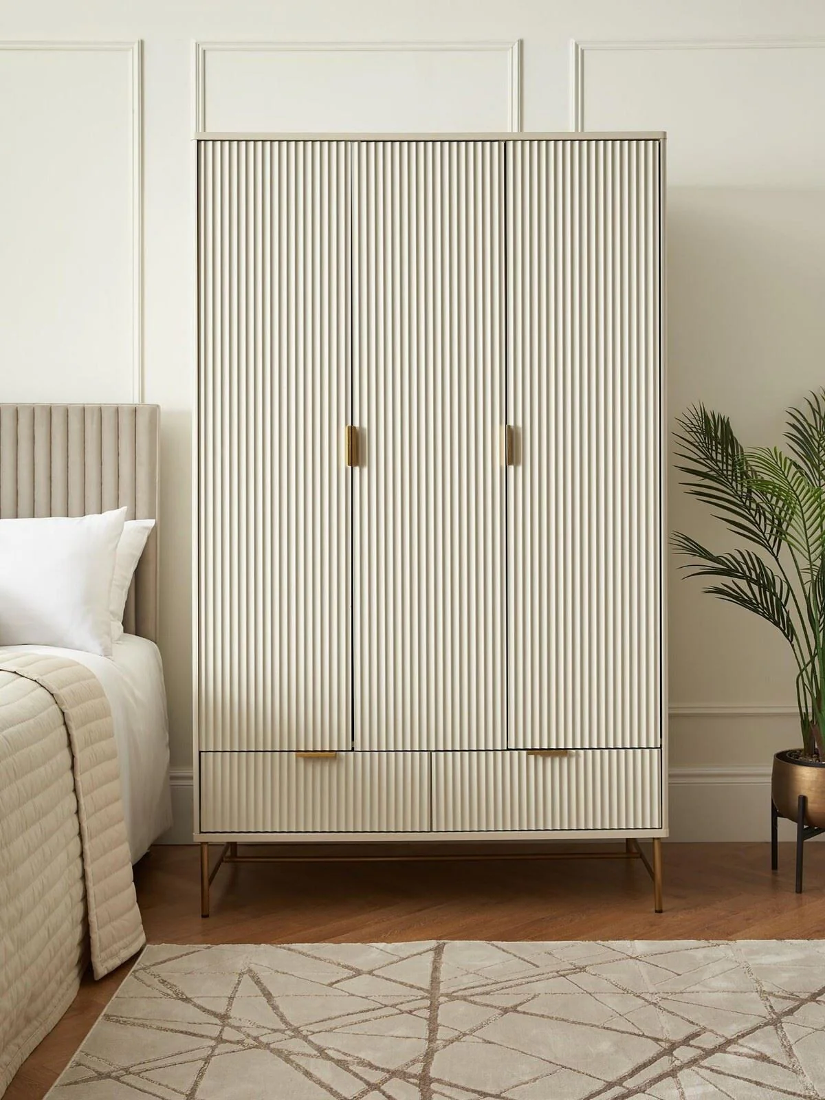 Cora 3 Door 2 Drawer Wardrobe Ivory & Brass Stylish Bedroom Furniture