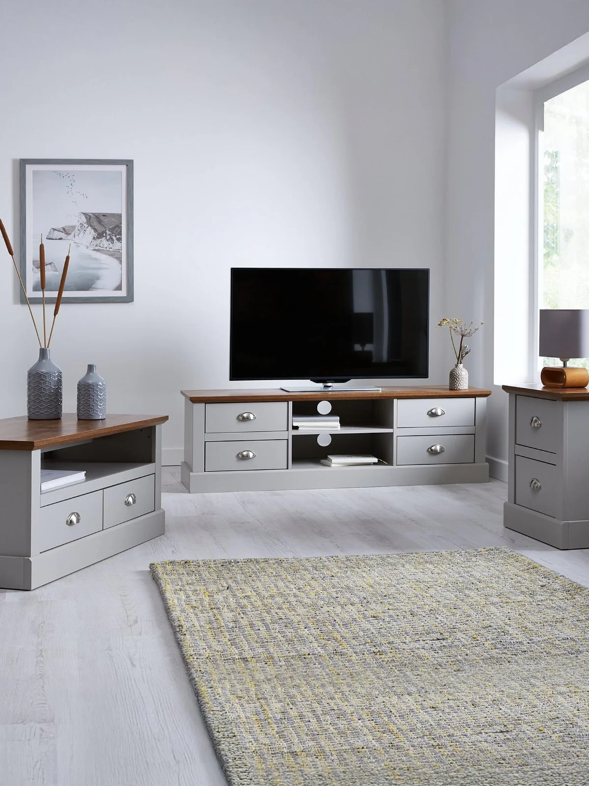 Crawford 3 Piece Living Room Set Grey/Dark TV Unit Coffee & Lamp Table