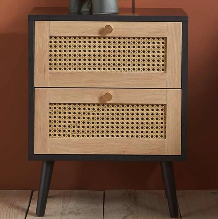 Croxley 2 Drawer Black and Oak Rattan Bedside Table Stylish Bedroom Furniture