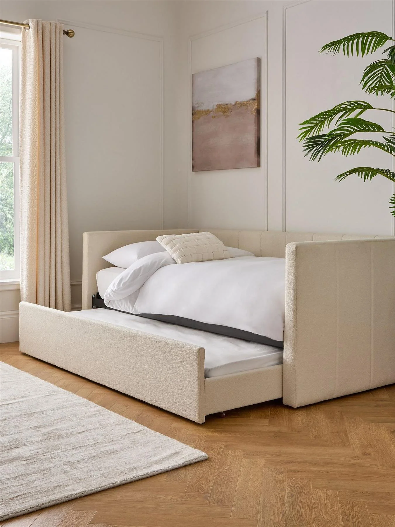 Floren Boucle Day Bed With Low Level Trundle Natural Modern Fabric