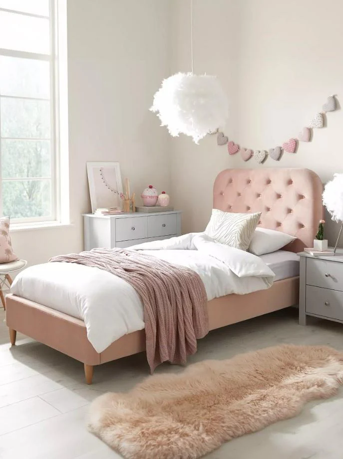 Freya Velvet Fabric Single Kids Bed Frame Pink Childrens Bedroom Furniture
