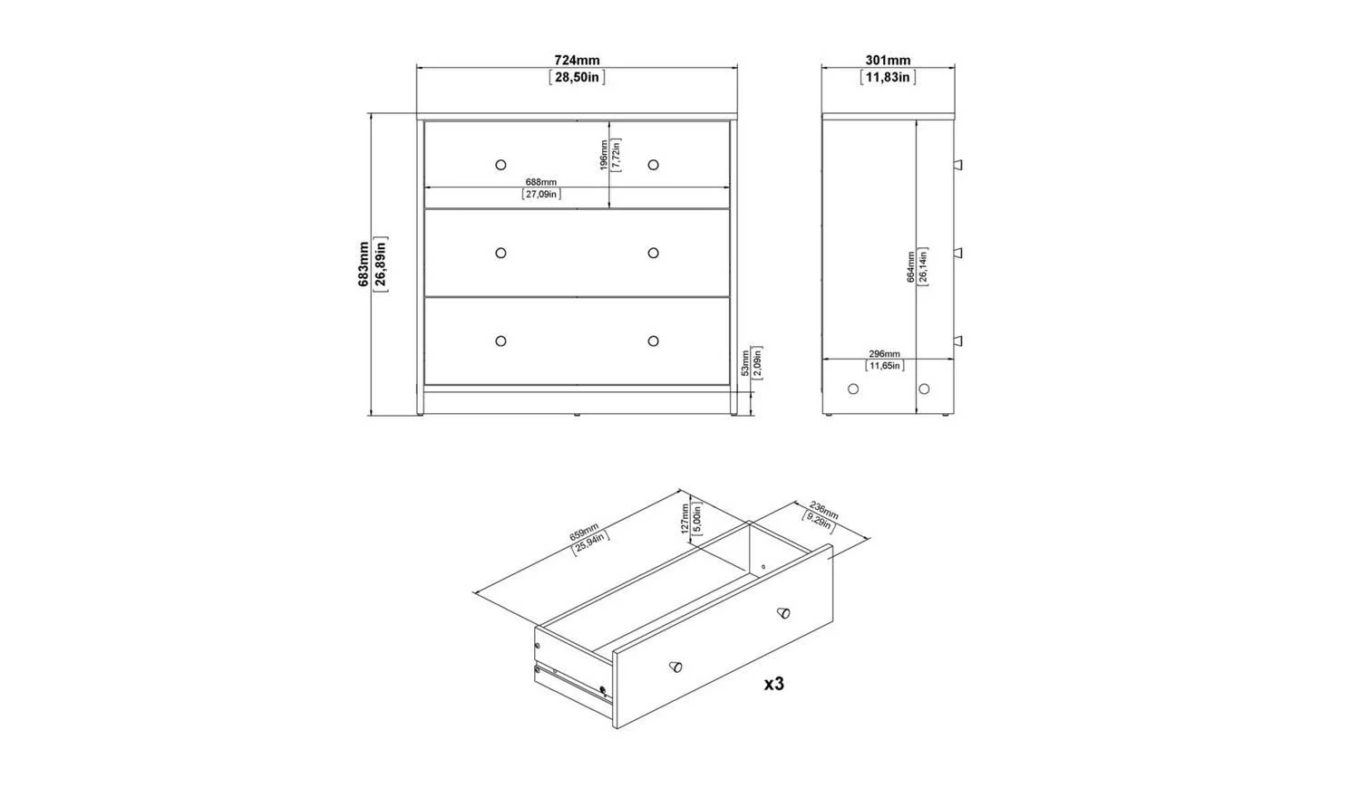 Furniture To Go May 3 Drawers Chest White Storage Organiser Bedroom - Image 10