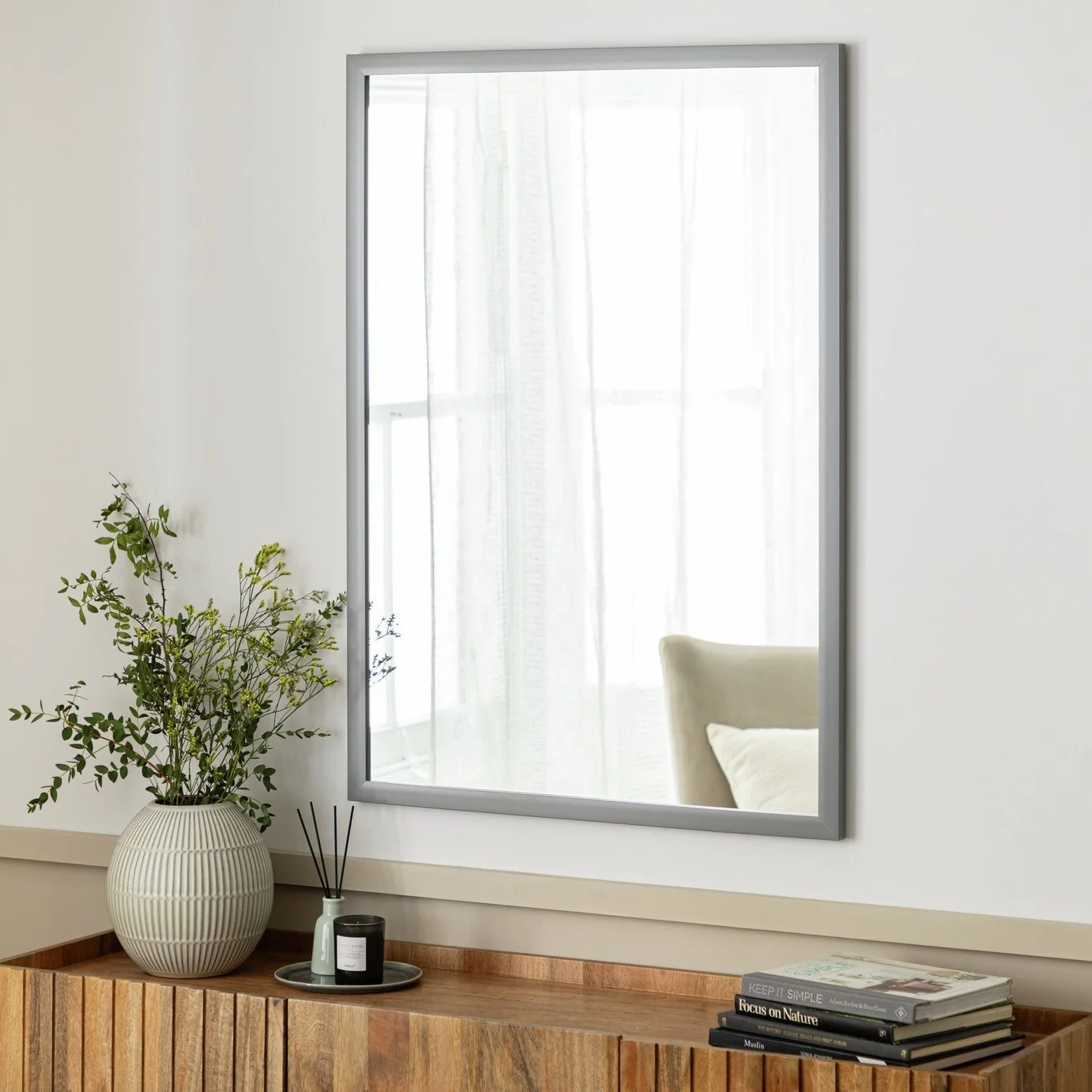 Grey Mounted Wall Mirror 105x75cm Modern Minimalist Style Home