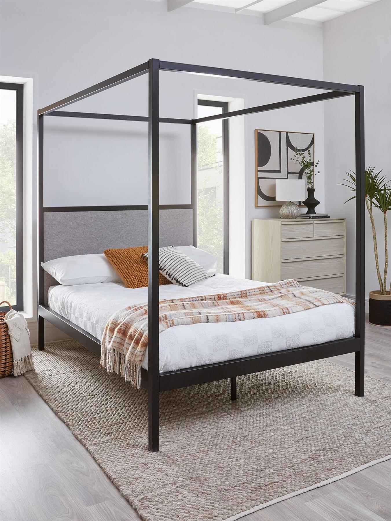 Hampton 4 Poster Metal Bed Frame Black Double Linen Headboard