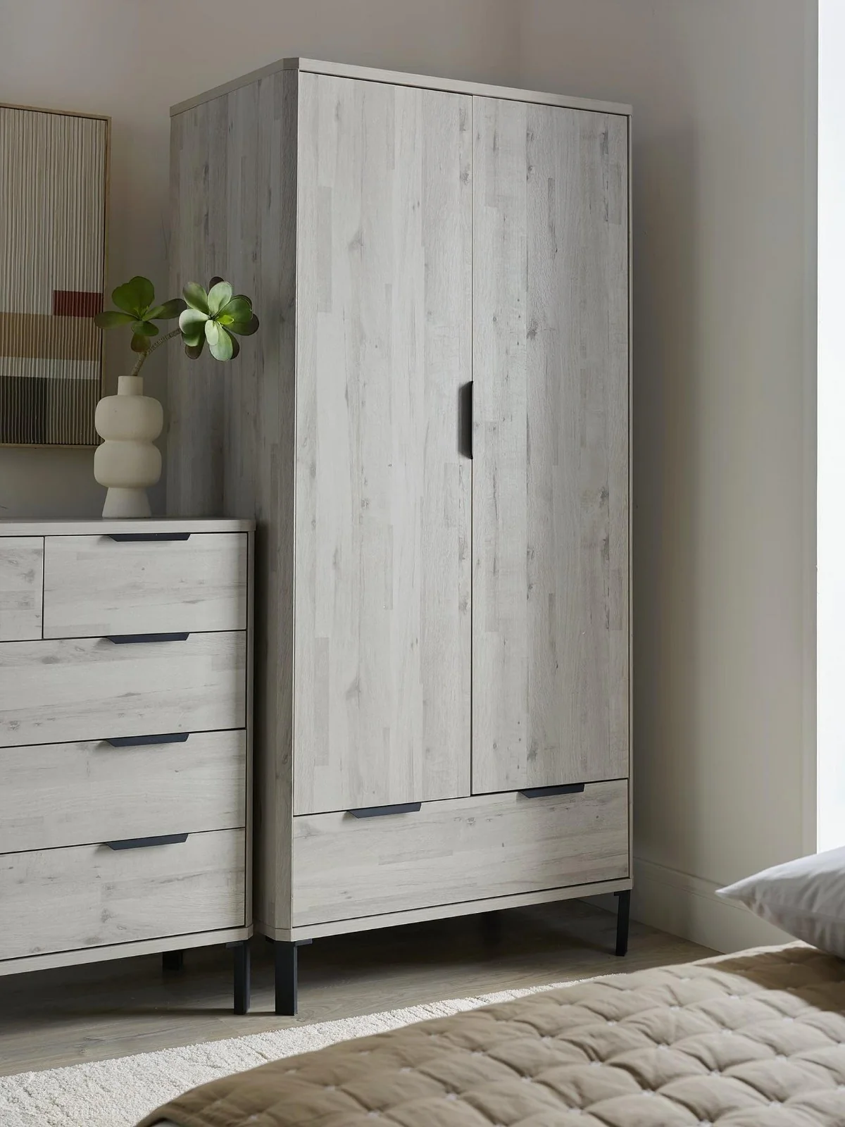 Harlem 2 Door 1 Drawer Wardrobe Grey Oak Effect Stylish Bedroom Storage
