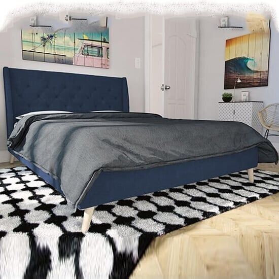 Her Majesty Linen Fabric Double Bed In Blue Elegant Bedroom Furniture