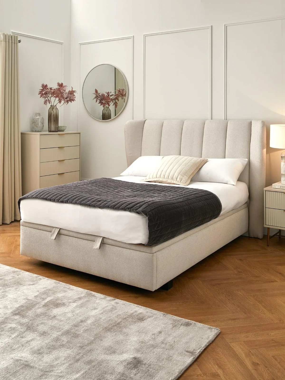 Jasper Lift Up Storage Double Bed Ivory | Winged Headboard | Ottoman Base