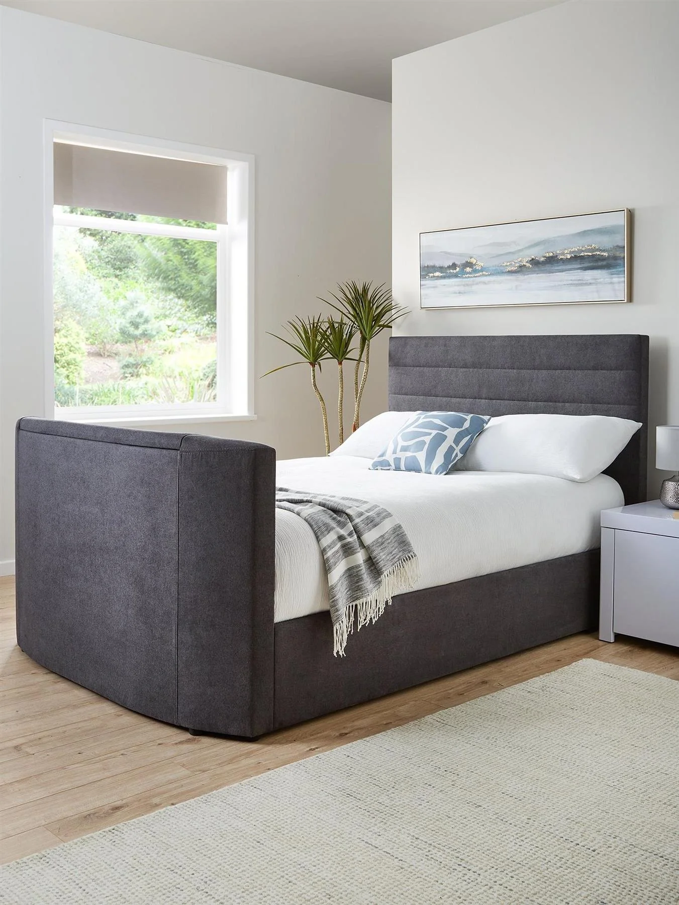 Kingsley Fabric TV Double Bed Frame - fits up to 32 inch TV Charcoal