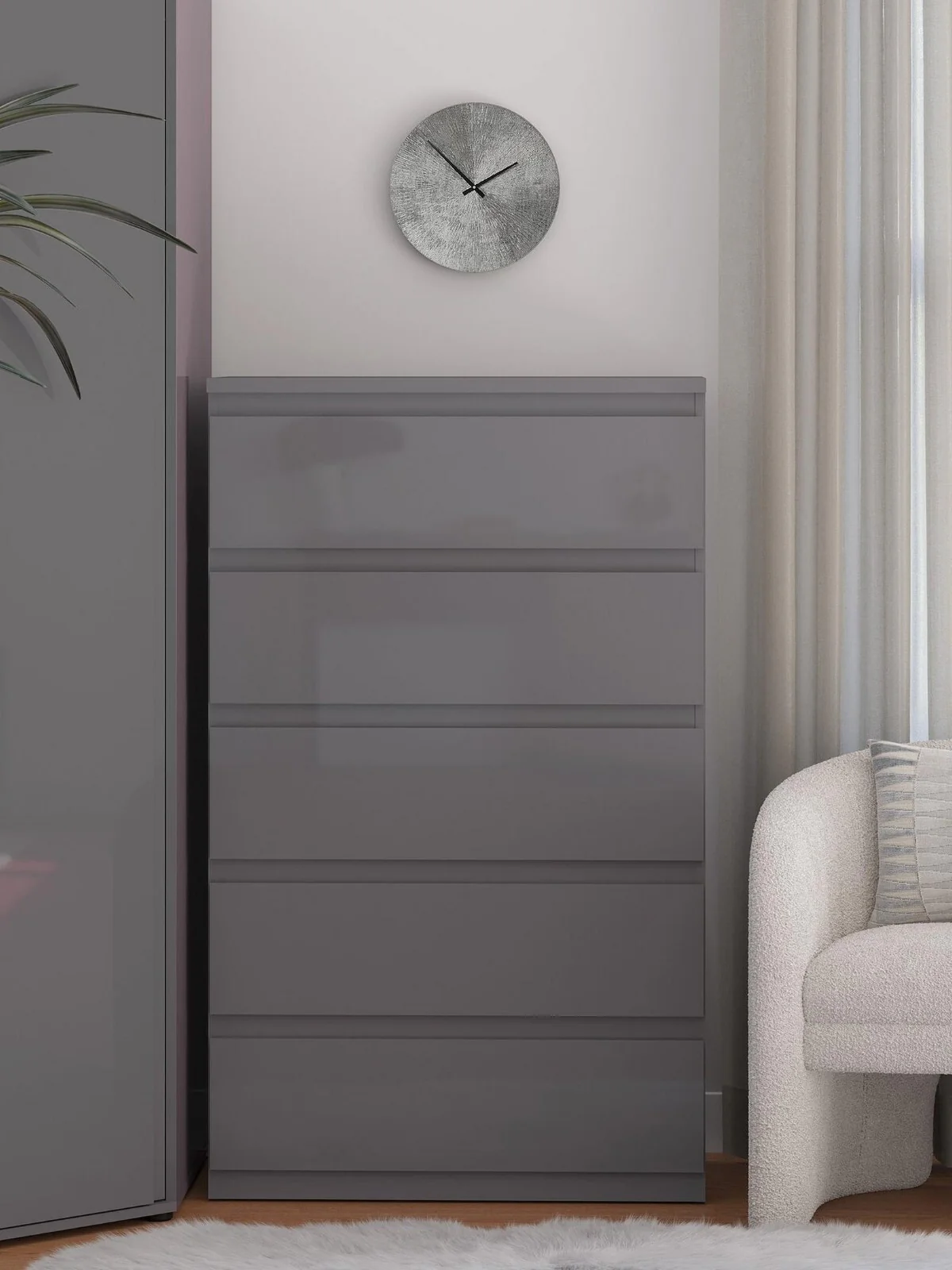 Layton Gloss 5 Drawer Chest Grey Storage Cabinet Stylish Bedroom Furniture