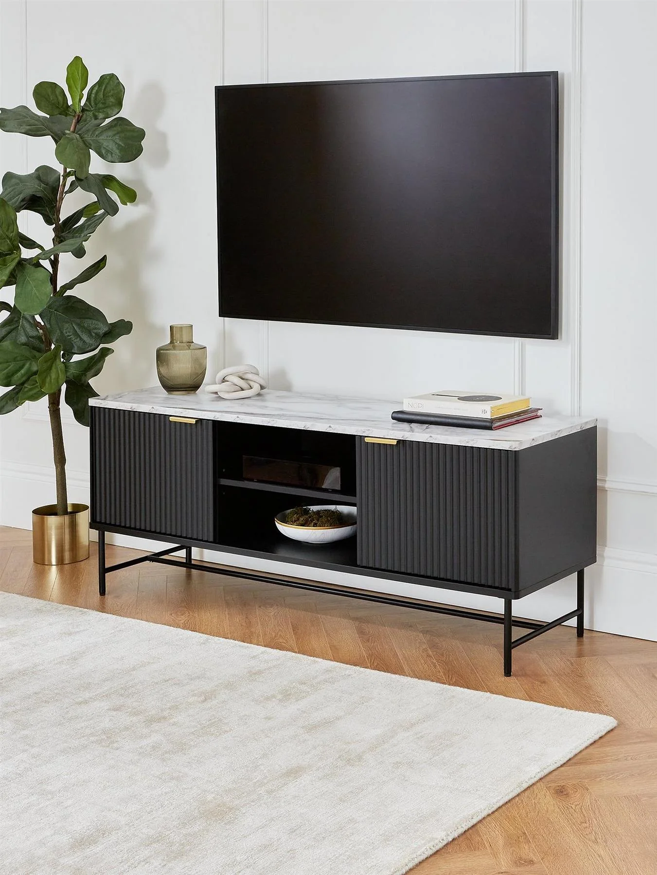 Lucero TV Unit Fits Up To 60 Inch TV Black Brass With Shelves UK