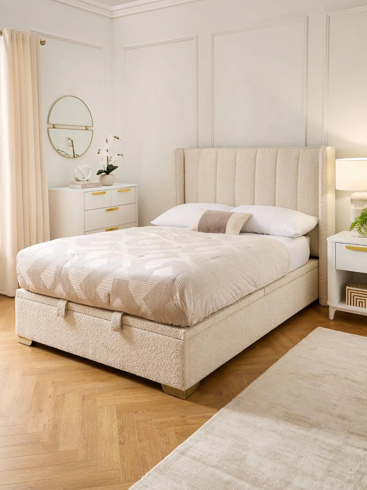 New Dakota Boucle Lift Up Ottoman Bed King Natural Fabric Storage
