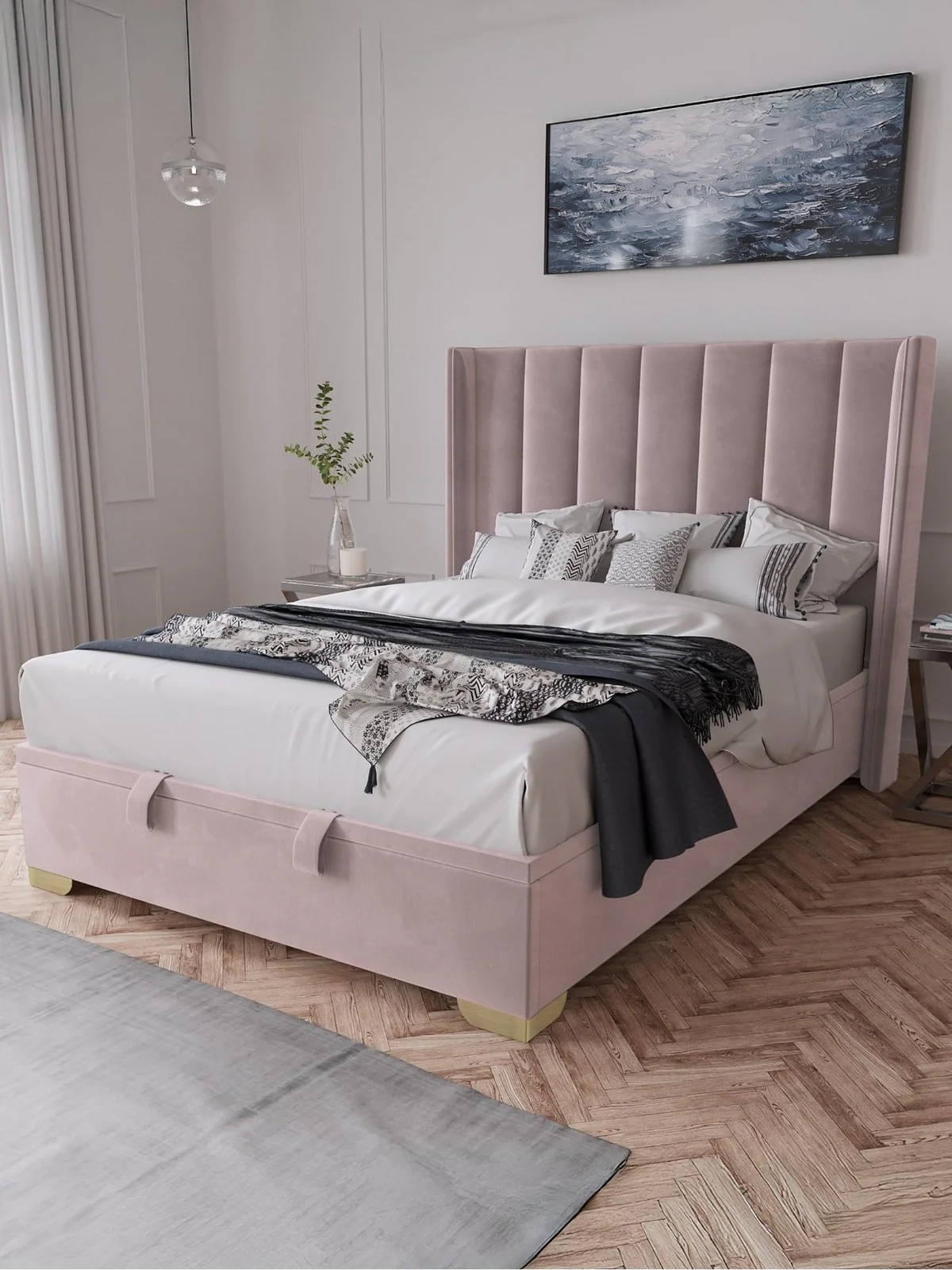 New Dakota Velvet End Lift Up Storage Ottoman King Bed Antique Rose UK