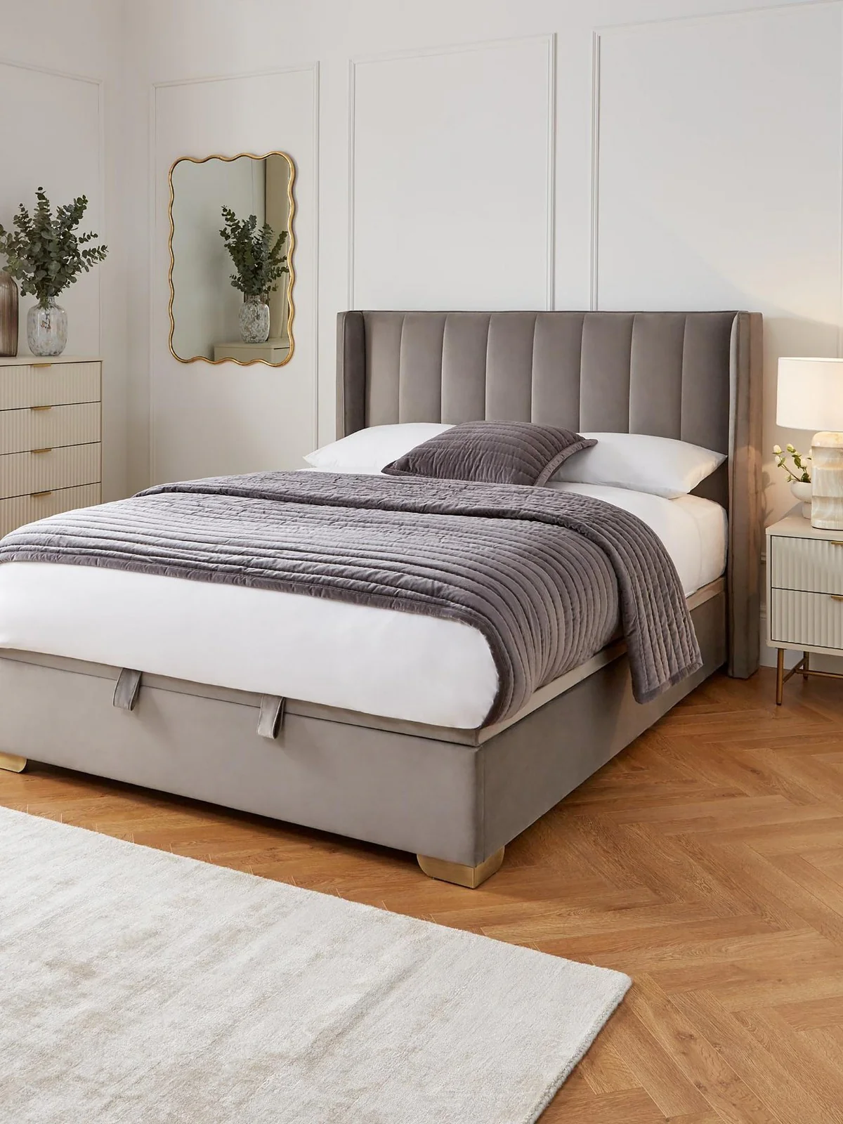 New Dakota Velvet End Lift Up Storage Ottoman King Bed Grey | Free Delivery UK