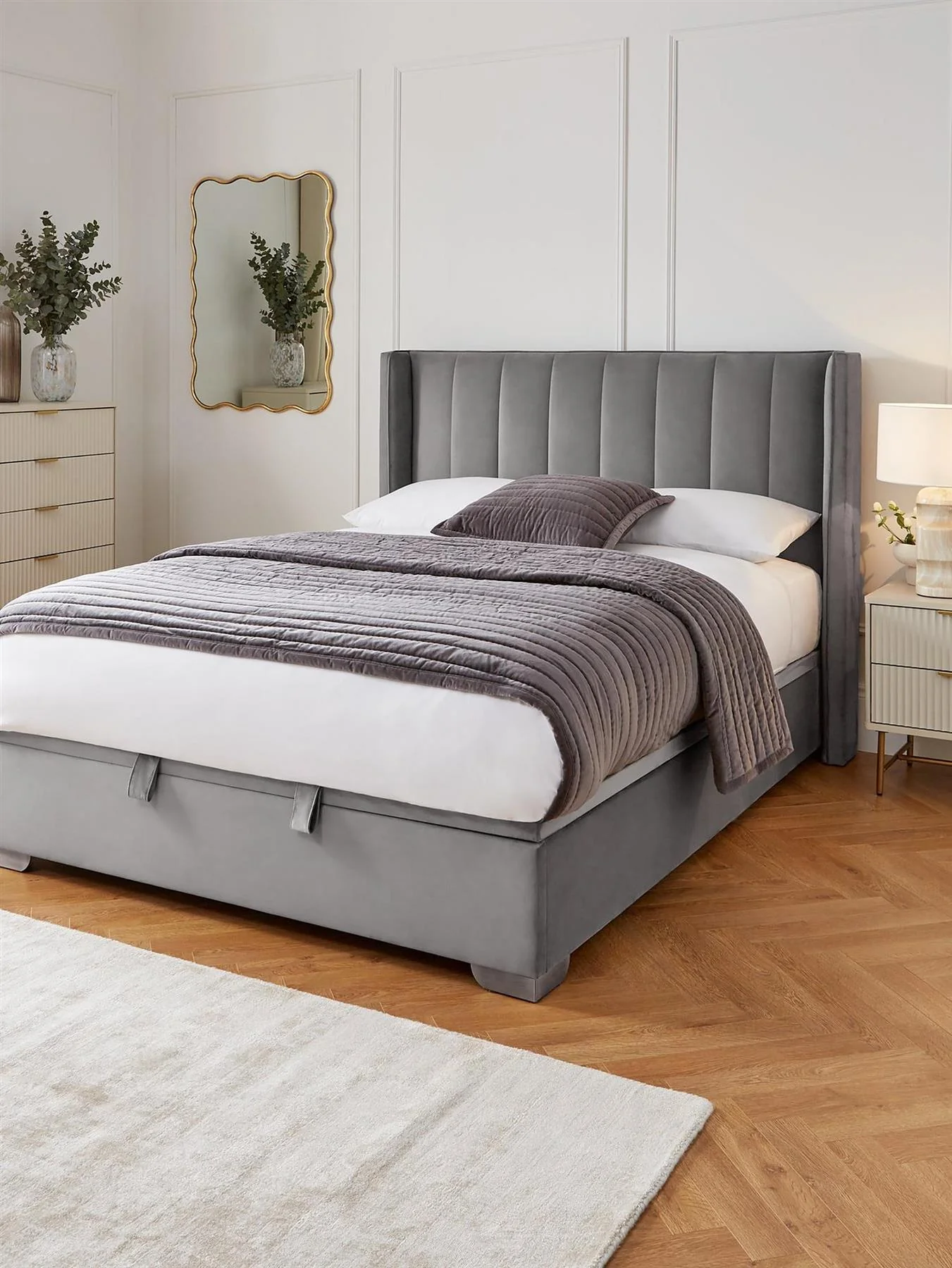 New Dakota Velvet End Lift Up Storage Ottoman Small Double Bed Grey