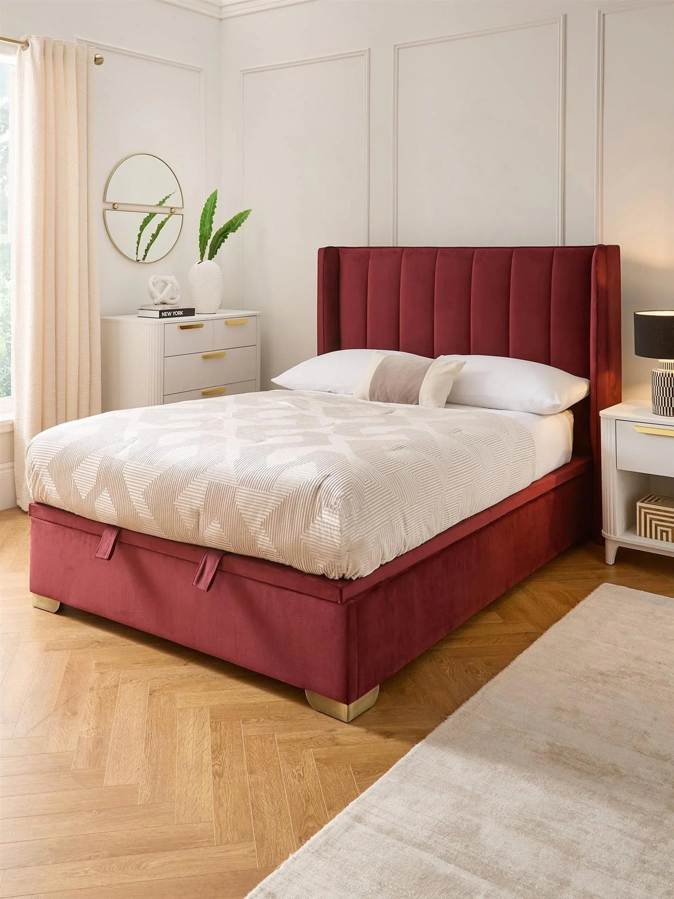 New Dakota Velvet Lift Up Ottoman Double Bed Burgundy Modern Bedroom Design