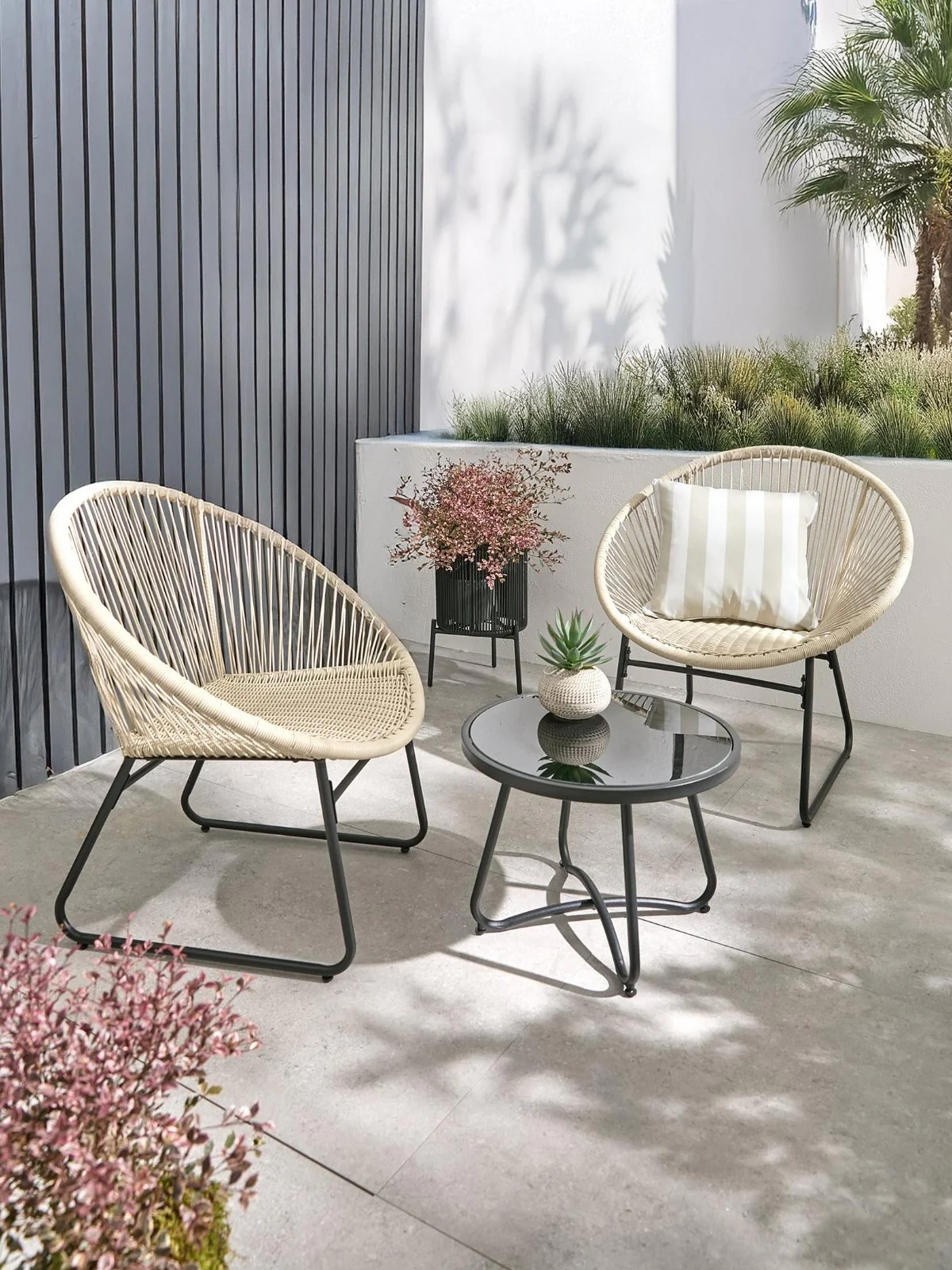 Noodle Bistro Set 2 Wicker Chairs Round Table Black Glass Garden Patio UK