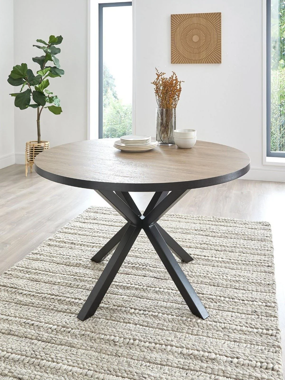 Oslo 120 cm Round Dining Table Oak & Black Modern Dining Room Furniture