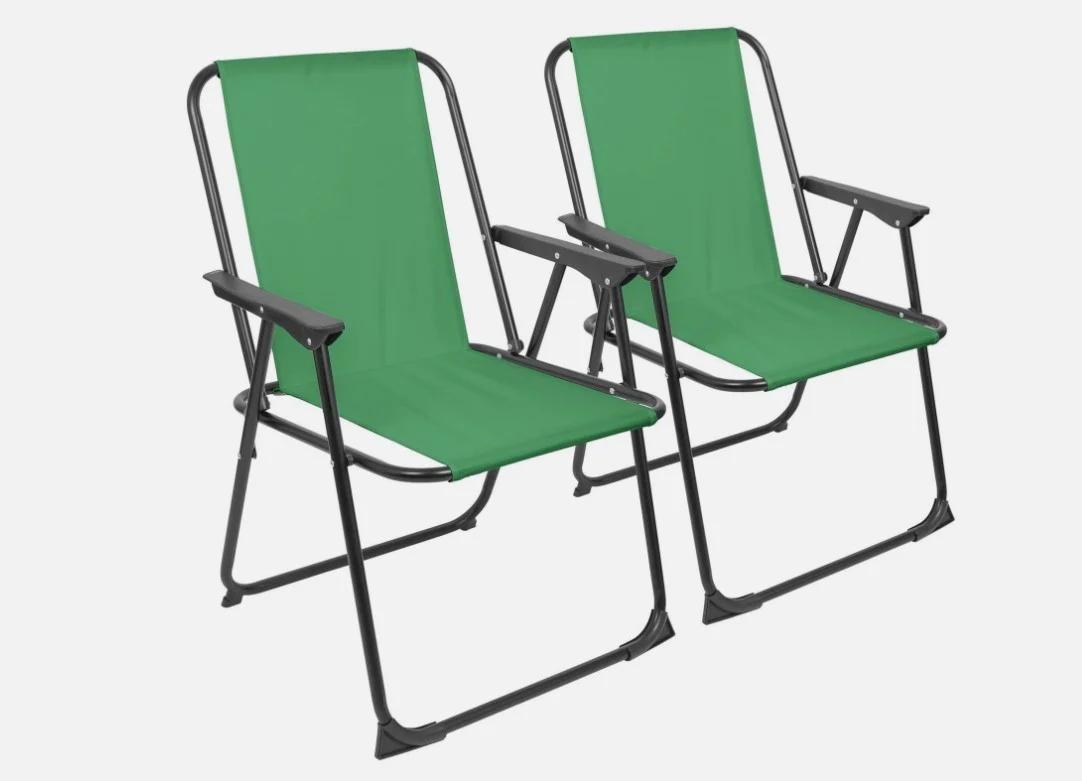 Pair Metal Beach Chairs Black Green Foldable Outdoor Garden Furniture