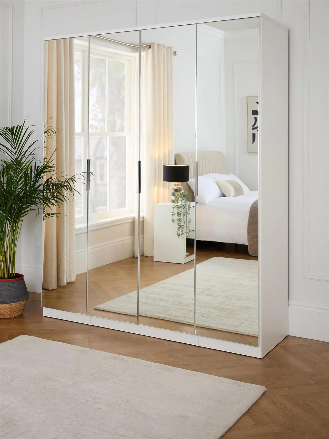 Palma 4 Door Mirrored Wardrobe White Freestanding With Shelves UK