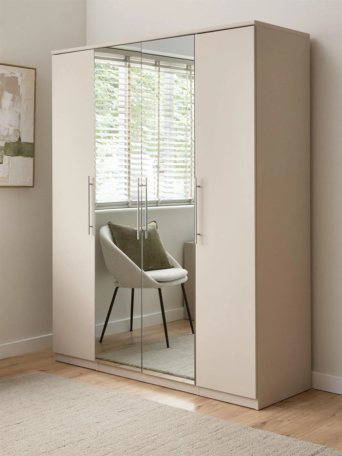 Prague 4 Door 3 Drawer Mirrored Wardrobe Oatmeal Easy Assembly UK