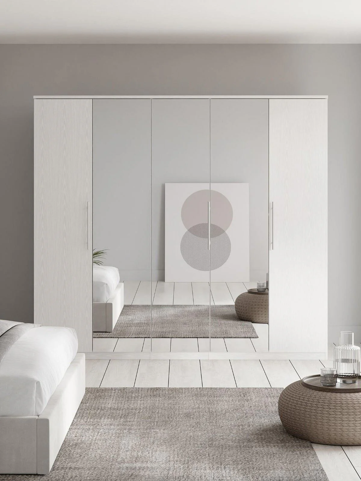 Prague 5 Door Mirrored Wardrobe White Ash Elegant and Spacious Bedroom Storage
