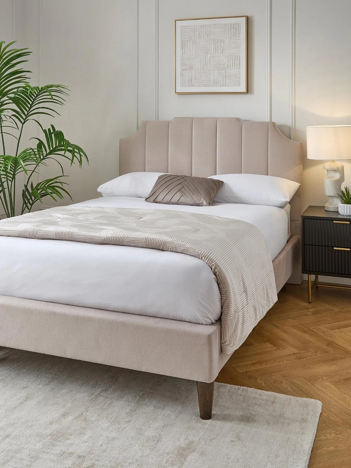 Rene Bed King Size in Natural Fabric | Art Deco Inspired Upholstered Headboard