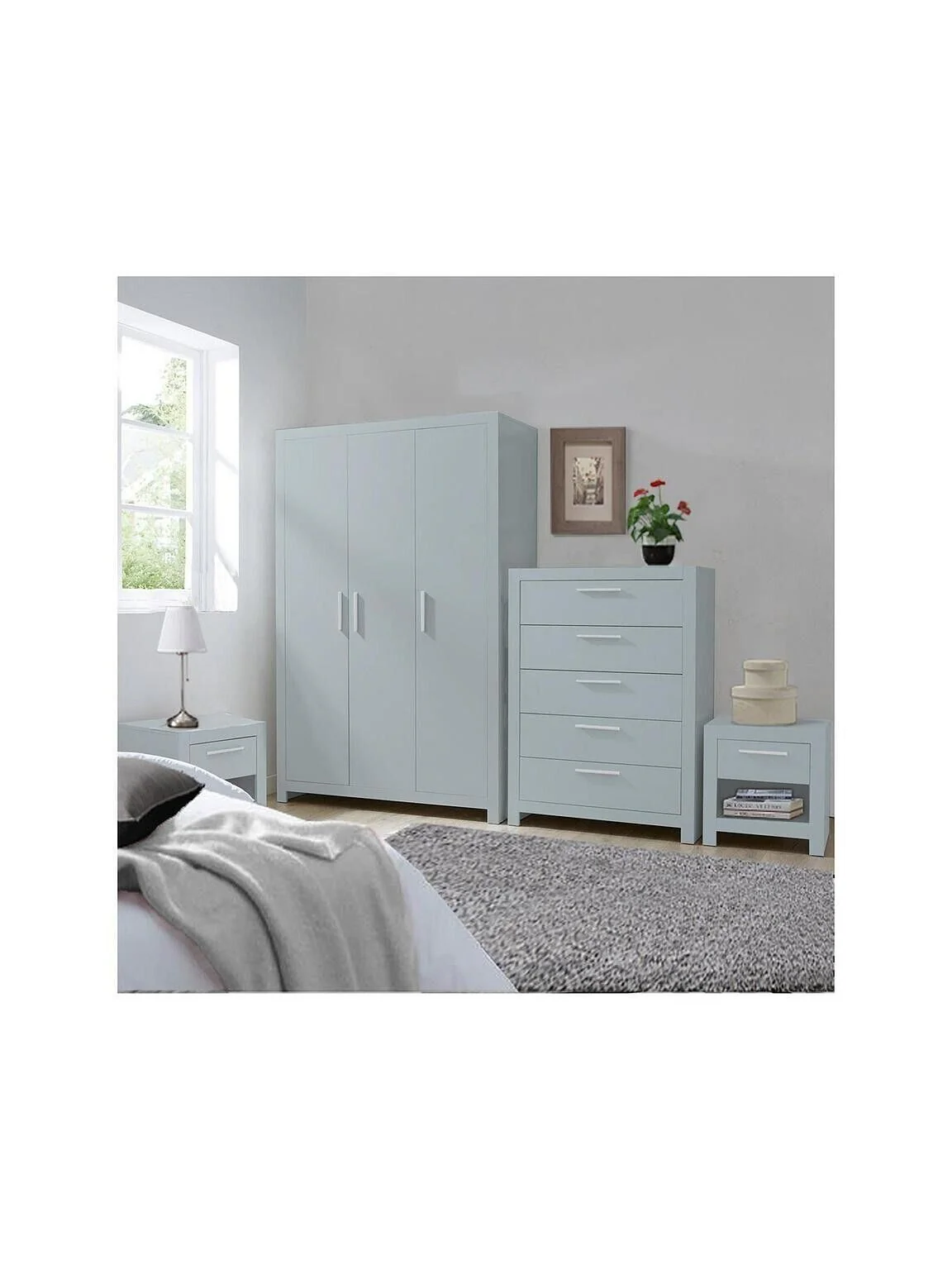 Rio 4 Piece Package - 3 Door Wardrobe, 5 Drawer Chest and 2 Bedside Chests Grey