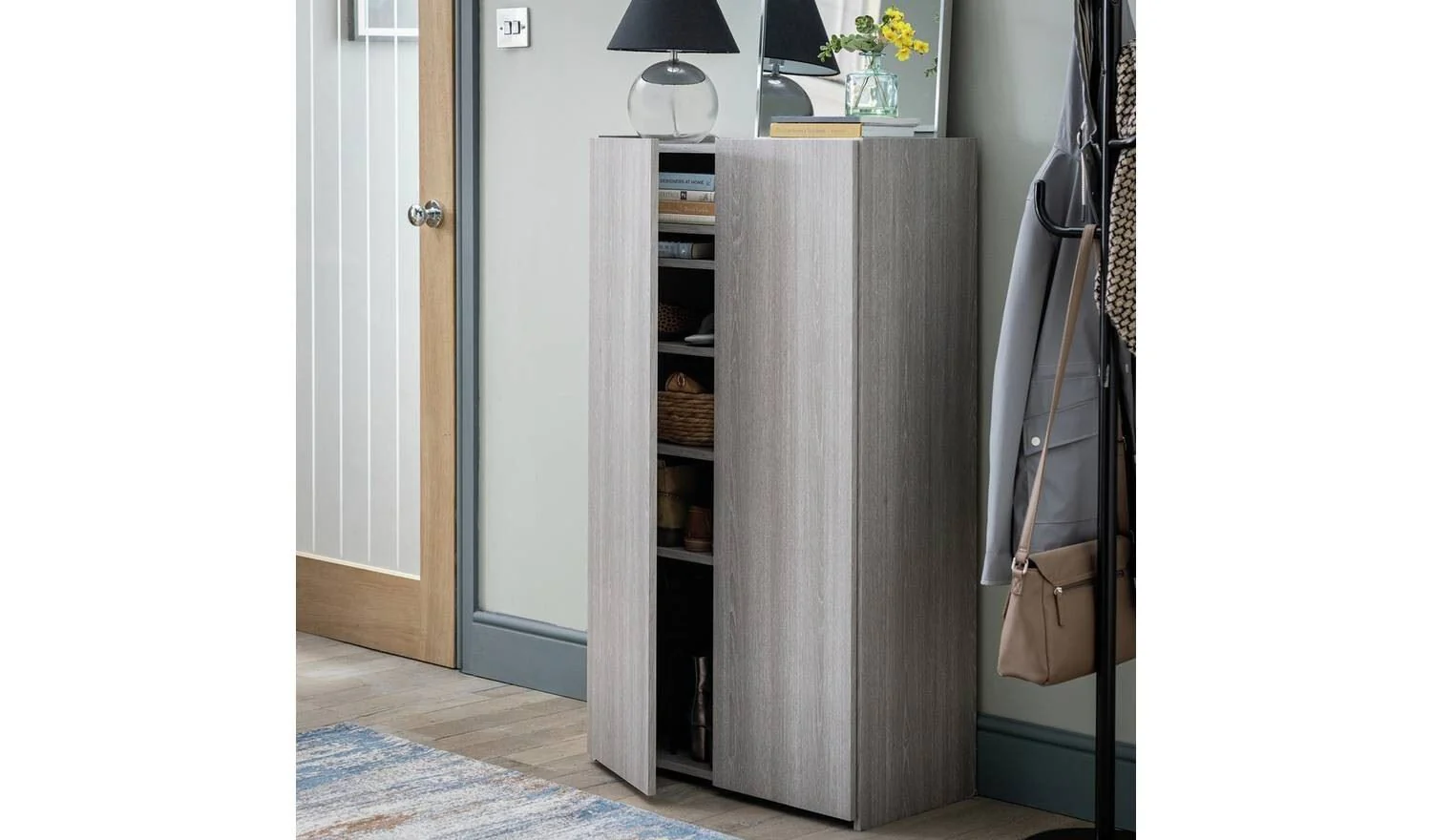 Seville 2 Door Shoe Storage Cabinet Grey Oak Organiser With Shelves - Image 3